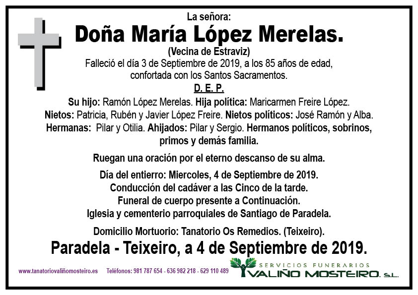 Esquela de María López Merelas.